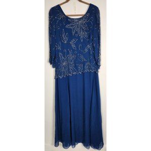J Kara Women's Sz. 18 Blue 3/4 Sleeve Floral Beaded Long Chiffon Gown